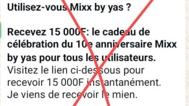 Faux, Mixx Togo ne distribue pas 15 000 FCFA pour un anniversaire via un lien WhatsApp